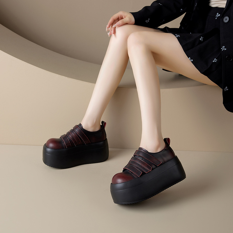 Giày loafer da thật đế xuồng cao 8cm, cổ miệng sâu, khóa Velcro tiện lợi — Màu đen, Màu đỏ