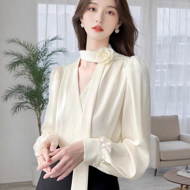 French-Style Rose Flower Ribbon Long-Sleeve Shirt for Women, 2026 Spring and Autumn Design, Super Stylish and Beautiful Top