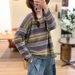 圆领条纹针织衫女 2025秋新款复古文艺宽松套头百搭棉线毛衣 0472