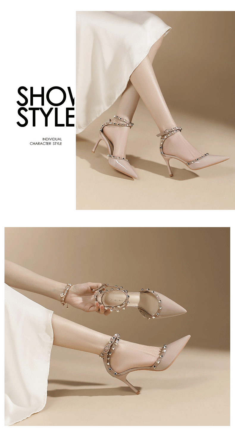 Sandal cao gót nữ mũi nhọn đinh tán gót nhọn — Màu đen chi tiết 5