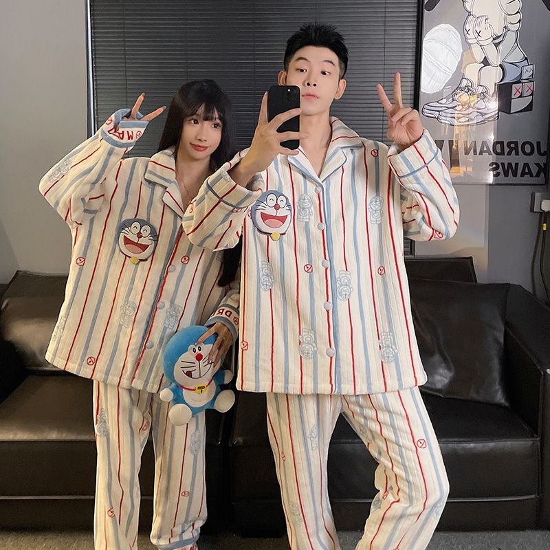 Jingle Cat Couple Pajamas Women's Autumn and Winter Coral Fleece 2025 New Men's Thickened Warm Home Clothing Set