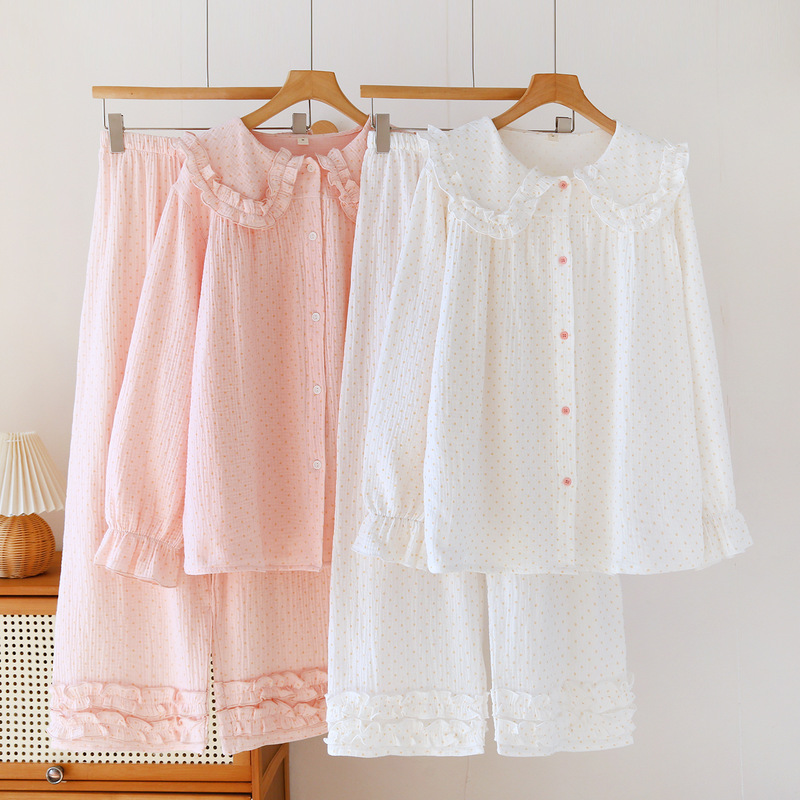 Sweet Polka Dot Set, Spring and Autumn Pajamas for Women, Loose-Fitting Cotton Gauze, New Style, All-Cotton, Girly Home Wear Set Sweet Polka Dot Set, Spring and Autumn Pajamas for Women, Loose-Fitting Cotton Gauze, New Style, All-Cotton, Girly Home Wear Set