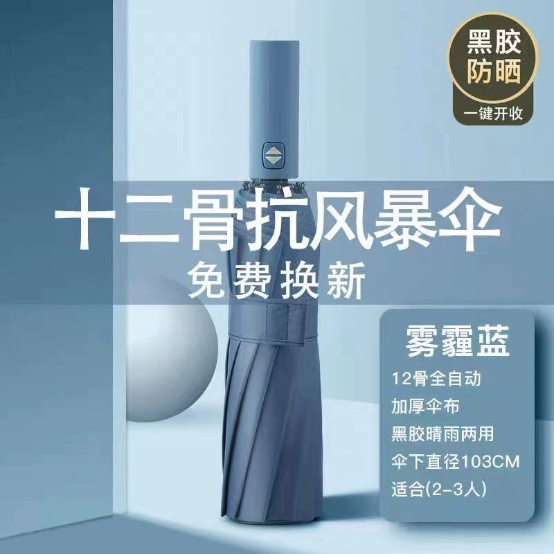 12-костяной полностью автоматический зонт, индивидуальный мужской и женский солнечный и дождливый двойной студенческий складной прочный усиленный большой зонт, черный резиновый солнцезащитный крем