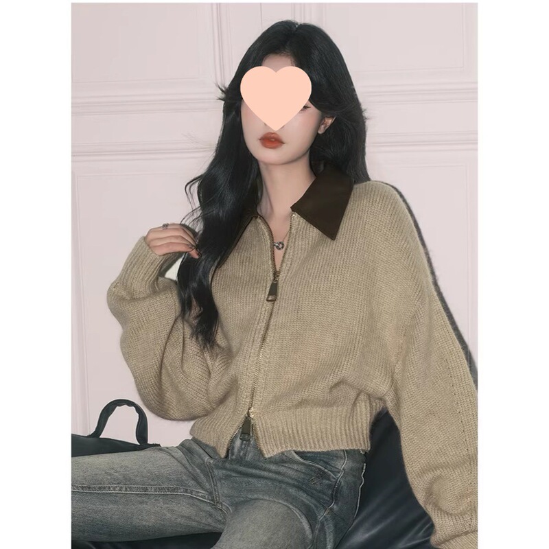 Forever21 Lazy Khaki Lapel Knitted Cardigan Top for Women Ins Loose Soft Casual Sweater Jacket