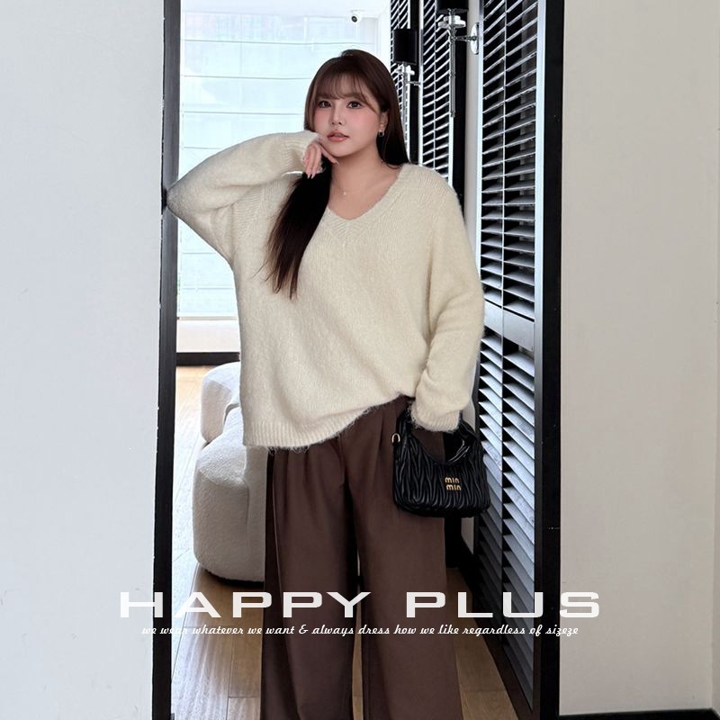 Happyhut Alpaca Wool Loose and Lazy V-Neck Floral Yarn Sweater 9415 Autumn and Winter Casual Barn Style Warm Knitwear