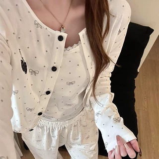 可爱小碎花少女睡衣春秋季开衫吊带长裤三件套学生可外穿家居服
