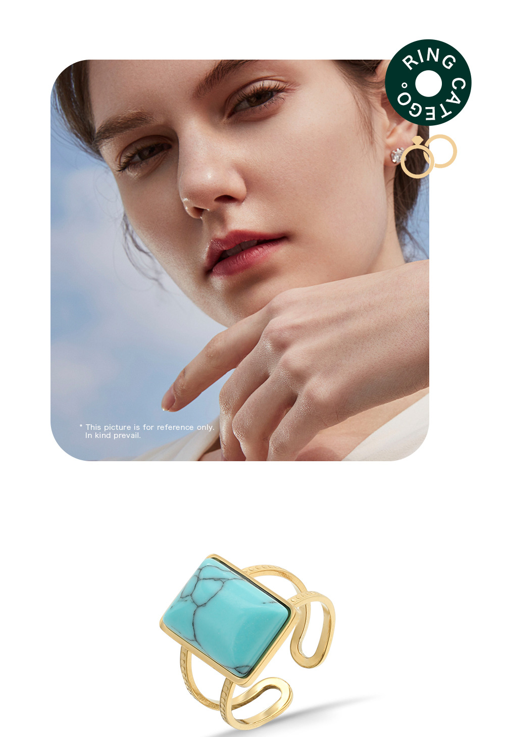 Retro Square Stainless Steel Open Ring Metal Turquoise Stainless Steel Rings