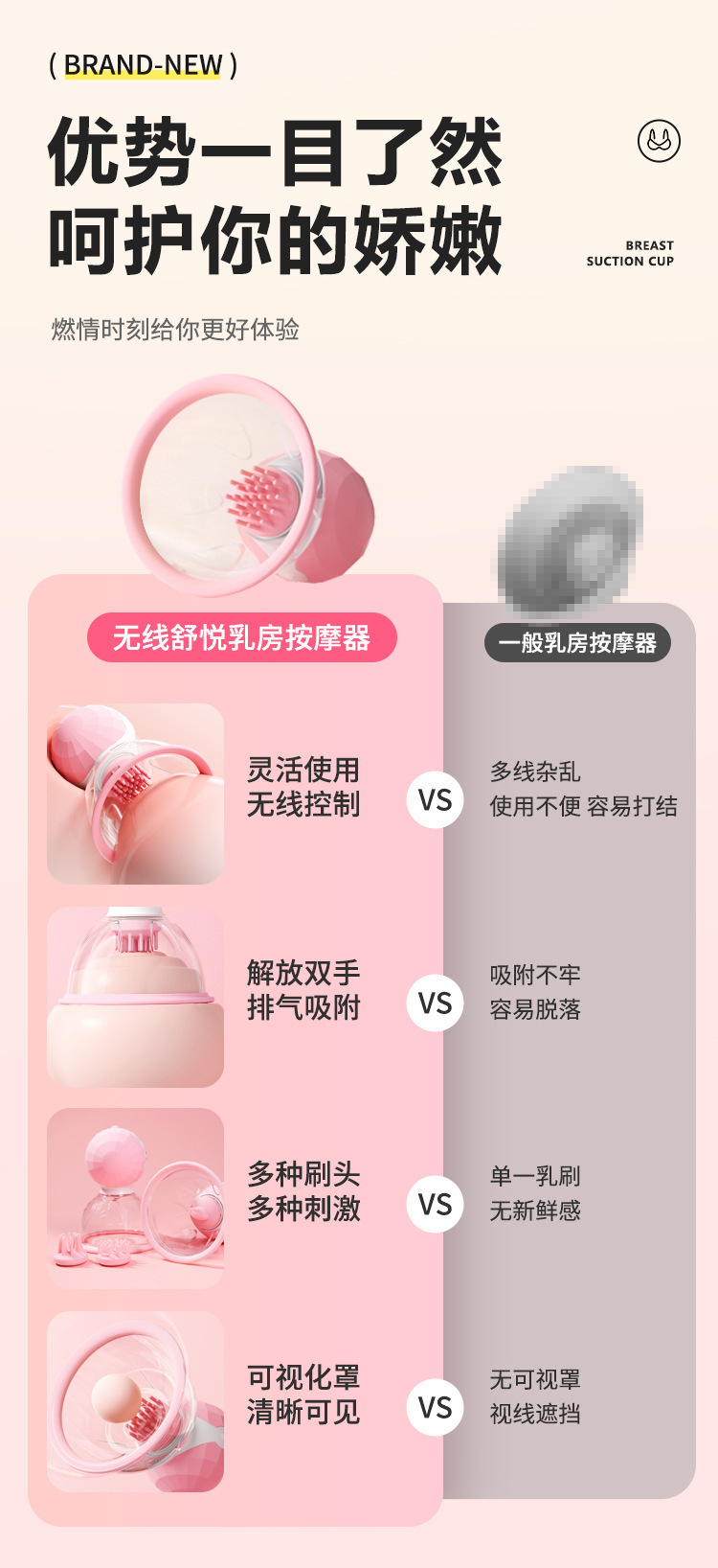 Breast Suction Massager with Rotating Magnetic Design, Pink, Silicone, 3 Replacement Heads — detail image 18