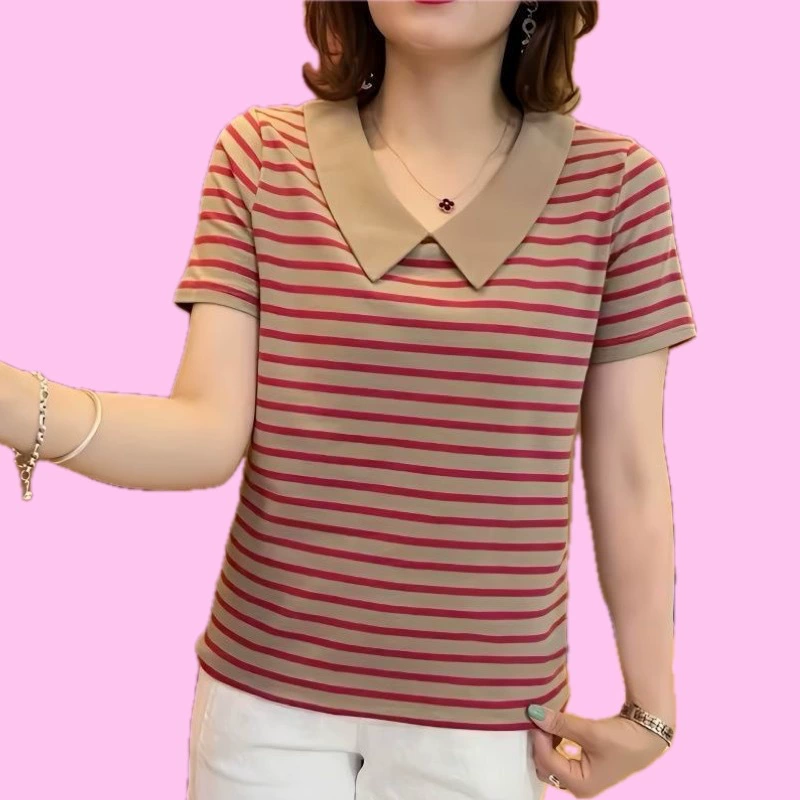 Футболка с короткими рукавами и полосатым воротником для мам среднего и пожилого возраста, женская летняя свободная футболка для похудения, повседневный топ большого размера, закрывающий живот
