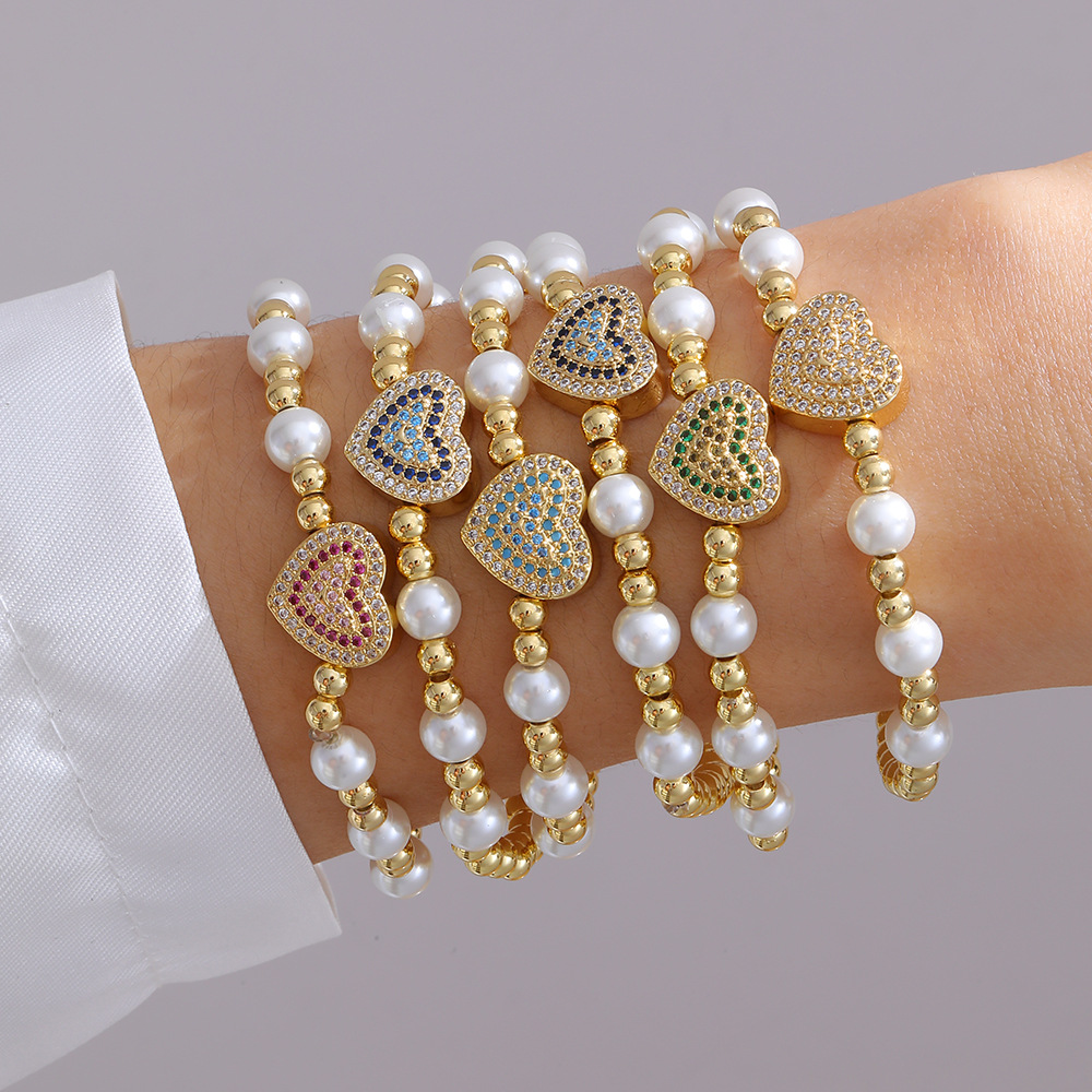 Ig Style Sweet Heart Shape Copper Pearl Plating Inlay Zircon 18k Gold Plated Bracelets display picture 1