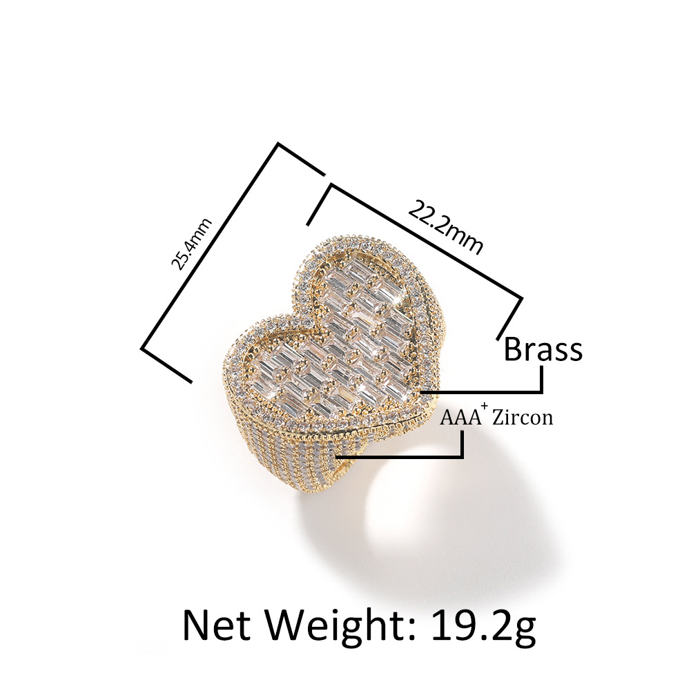 24g Weight Rhinestones Inlay Material Rings Classification 6, 9 Ring Size 1 Piece Quantity Party, Street Occasion Copper Material Heart Shape Pattern Unisex Gender Inlay Design Hip-Hop Style Hip-hop Heart Shape Copper Inlay Rhinestones Rings 无