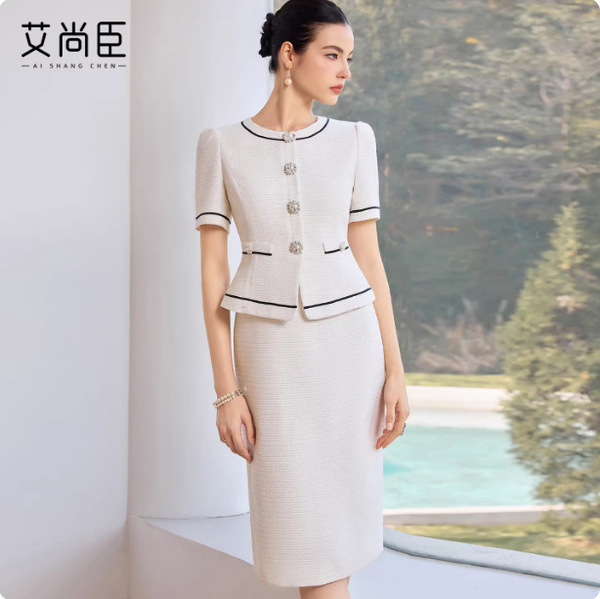 Summer Fashion Chanel-Style Round-Neck Faux Two-Piece Women's Short-Sleeve Dress, Slim Fit, Luxurious, Elegant, Bodycon Dress