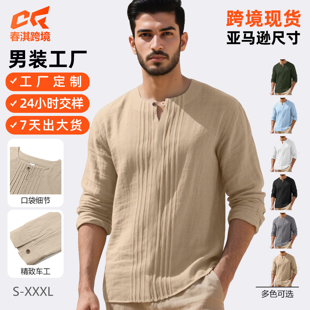 Europa y los Estados Unidos nuevos hombres casuales sueltos camisetas de manga larga transfronterizas TK pliegue algodón lino cuello Henry camisa de playa de lino