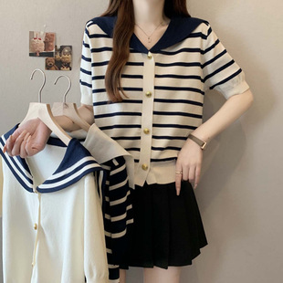 2025 New Summer Style Navy Collar Single-Breasted College Style Short-Sleeved Sweater Women's Large Size Slimming Top