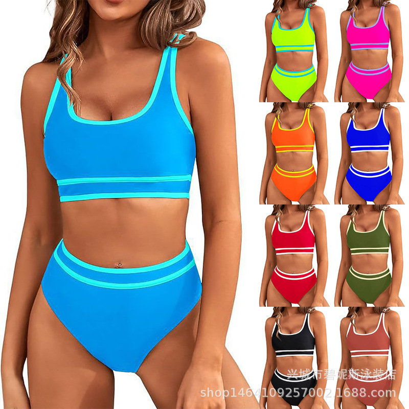 European and American Foreign Trade New Split Bikini Women's Swimwear High Waist Tight Sexy Slimming Sports Cross-border in stock
