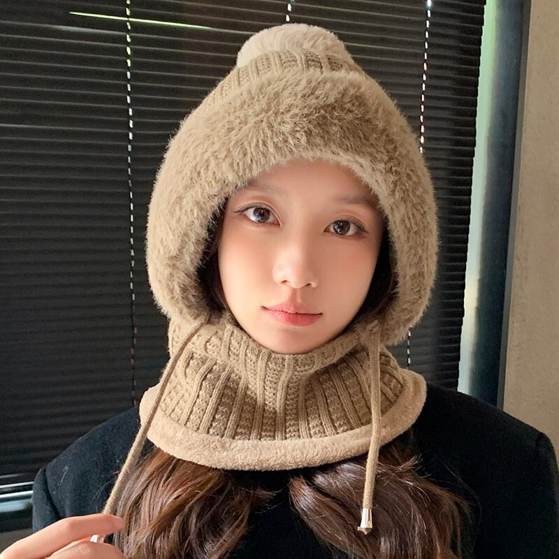新款连体帽女冬季骑行加绒加厚遮脸护耳针织帽子围脖口罩保暖套件|undefined