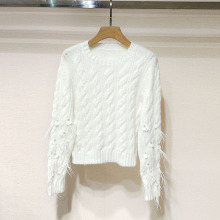 1件起批2025秋女装 XRV5M34A钉珠羽毛圆领长袖套头针织衫S250877