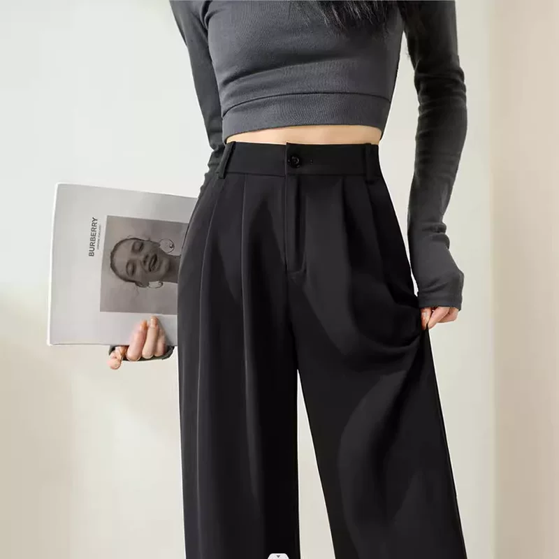 Костюм, тонкие черные брюки для отдыха, плюс размер, для тела типа груши, свободный прямой крой