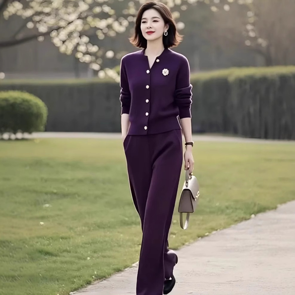 中老年妈妈套装时尚休闲新款优雅高级毛衣开衫+松紧腰裤子两件套