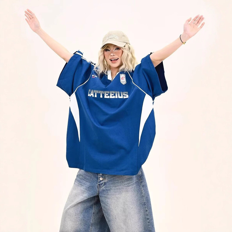Retro Letter Short-Sleeved T-Shirt for Women Summer Sports and Leisure Loose Design Niche Half-Sleeved Hip-Hop Splicing Jersey Retro Letter Short-Sleeved T-Shirt for Women Summer Sports and Leisure Loose Design Niche Half-Sleeved Hip-Hop Splicing Jersey