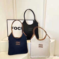 新款miu家托特包tote复古帆布单肩包手提腋下包大容量竖版购物袋