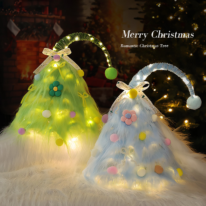 Transfronterizo 2025 nuevo árbol de Navidad de peluche paquete de árbol de escritorio mini rosa pequeño árbol de Navidad con adornos de lámpara