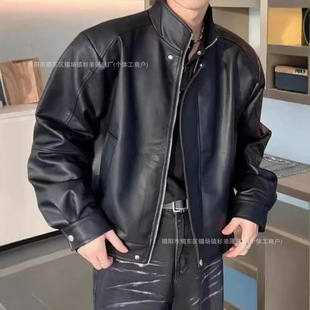 Hong Kong Style Retro Black PU Leather Shoulder Pad Short Leather Jacket Men's Autumn and Winter American Loose Biker Fashion Jacket