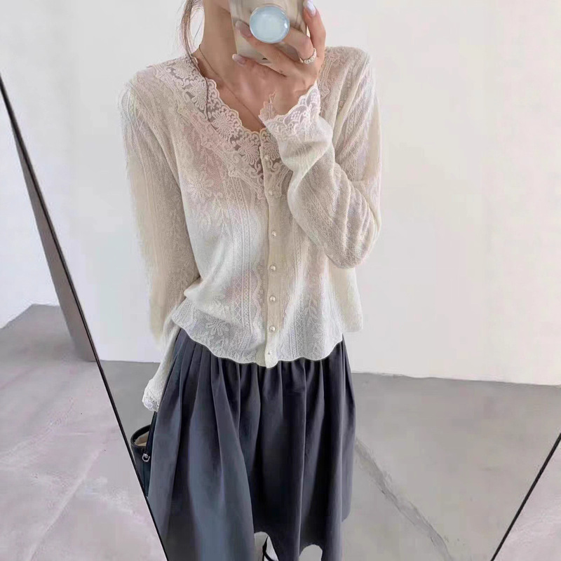 Puyuan Organza Fine Wool Sweater V Neck Lace Bottoming Cardigan Lace Autumn and Winter New Korean Style Women's Clothing