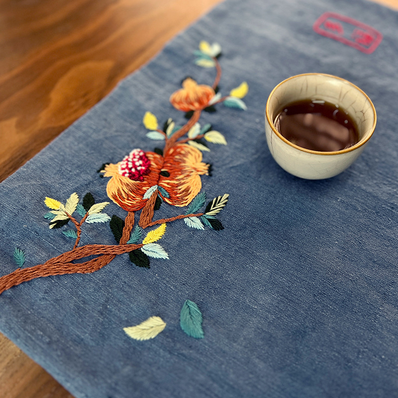 Bordado algodón y lino estera de té lu bordado zen hecho a mano diy paquete de material sala de estar absorbente traje de montaña estilo chino estera de té