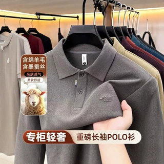 爆款含绵羊毛桑蚕丝男士长袖polo衫秋冬重磅针织翻领商务休闲t恤