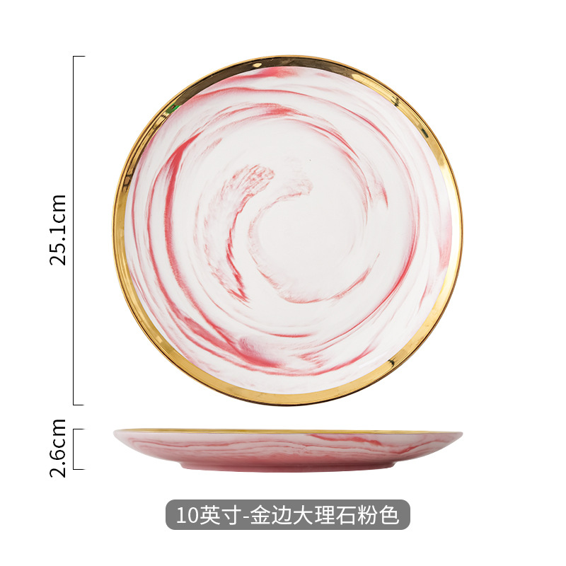 Nórdico creativo borde dorado cerámica marmolado placa Occidental Placa de pasta hogar Placa de filete Placa de postre Placa de oscilación