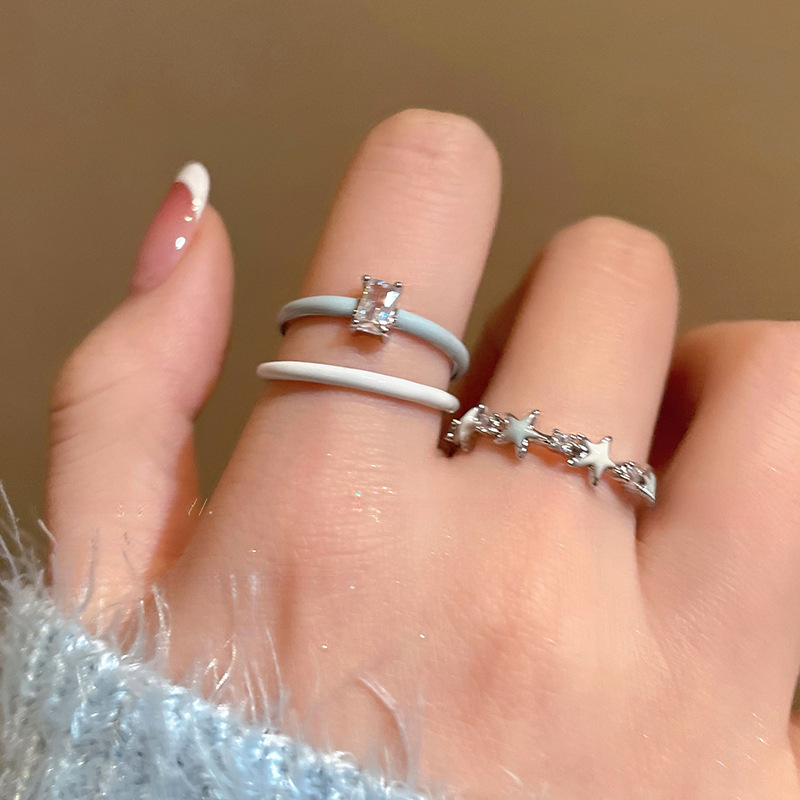 Bague en zircon en forme de goutte d'huile, ensemble deux pièces carré ouvert, style tendance, simple et frais, pour l'index._voghion.com