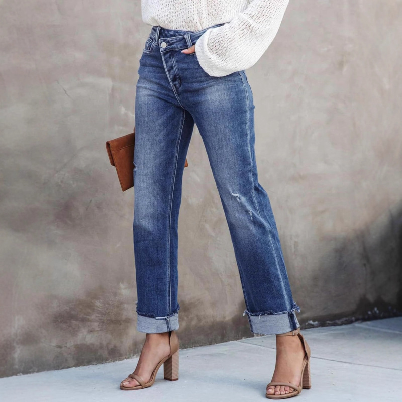 2025 Cross-Border European and American Straight-Leg Popular Ripped Stretch Denim Cross-Over Women's Jeans High-Waisted Slim Fit Temu Amazon