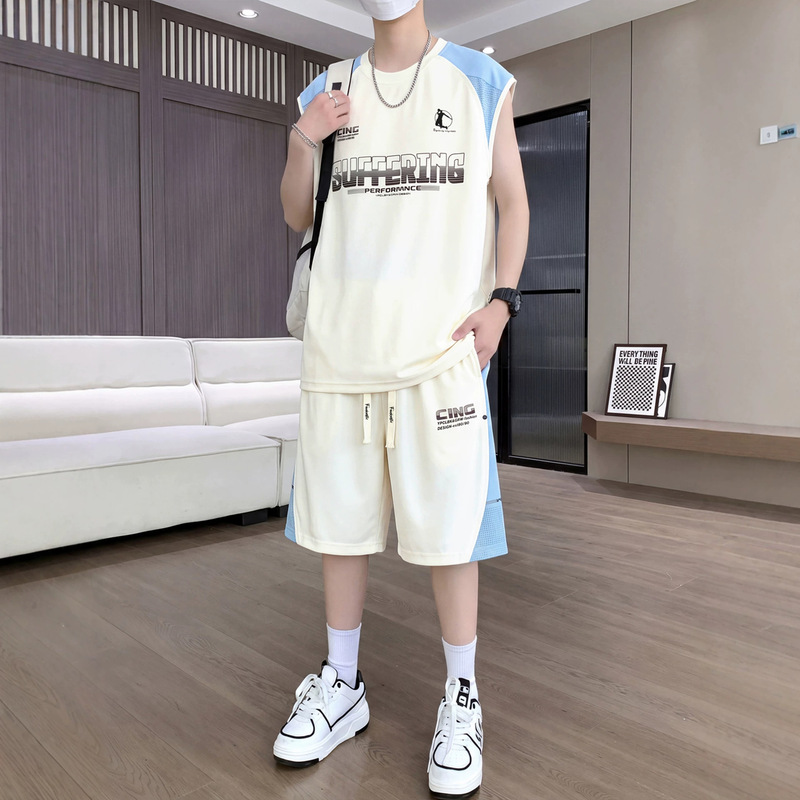 Teenagers' Sleeveless T-Shirt Boys' 13-15 Year Old Junior High School Students' Ice Silk Vest Shorts Big Kids' Summer Sports Suit Teenagers' Sleeveless T-Shirt Boys' 13-15 Year Old Junior High School Students' Ice Silk Vest Shorts Big Kids' Summer Sports Suit