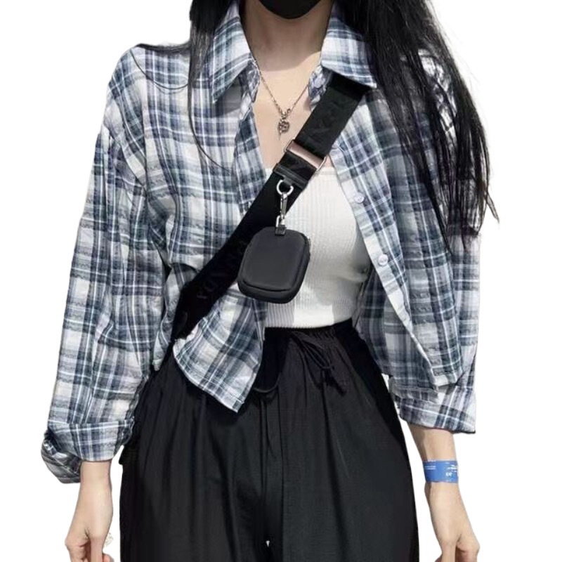 跨境秋季新款韩国chic复古格子翻领短款衬衫休闲女式防晒衣上衣|undefined