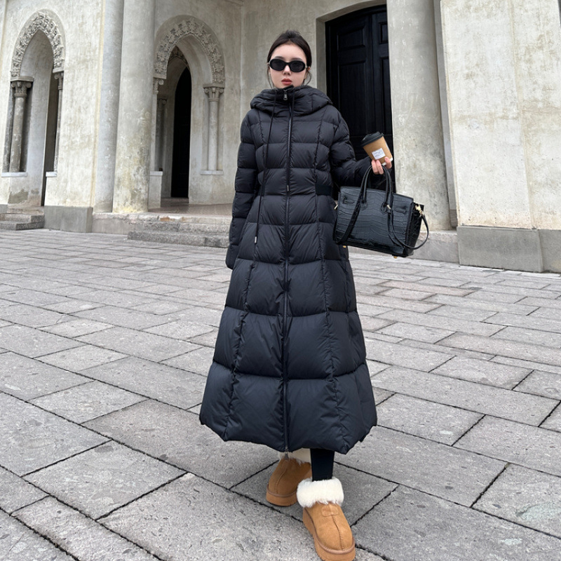 [점포 판매] 블랙 롱 다운 코튼 패딩 재킷 여성 겨울 후드 2024 새로운 두꺼운 허리 슬리밍