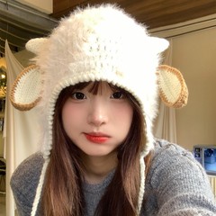 张艺兴同款甜美可爱小羊耳朵针织毛绒帽女秋冬护耳显脸小雷锋帽子