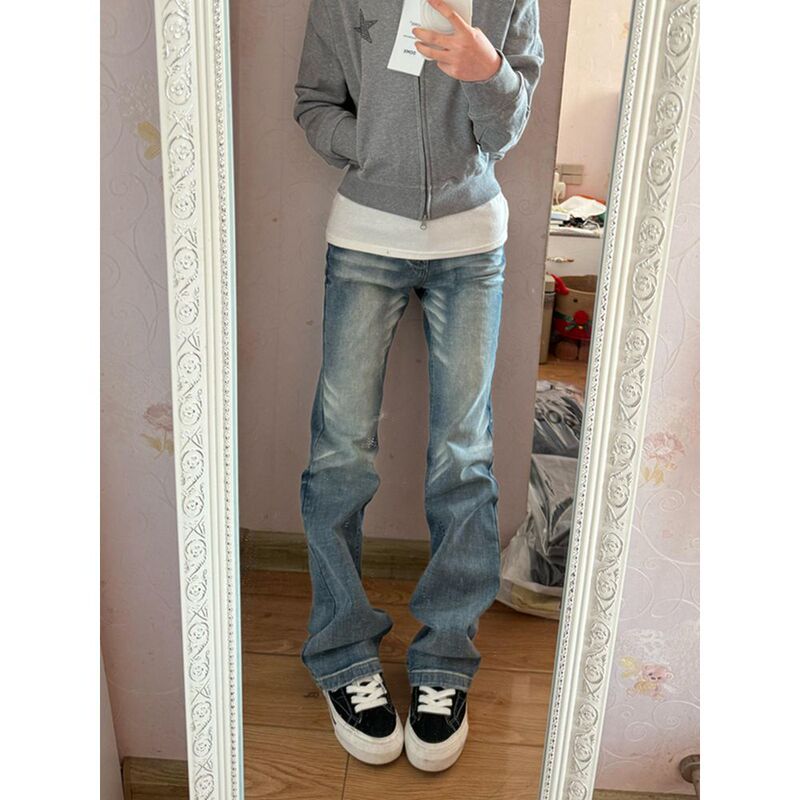 American Retro Niche Spicy Girl Low-Waist Slim Straight-Leg Jeans for Women, Summer Slim-Fit Elastic Flared Pants