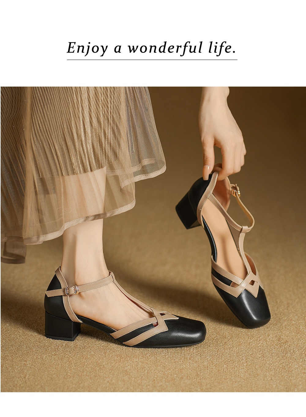 Sandal nữ mũi nhọn quai chữ T gót vuông cổ điển phối màu da bò — đen chi tiết 8