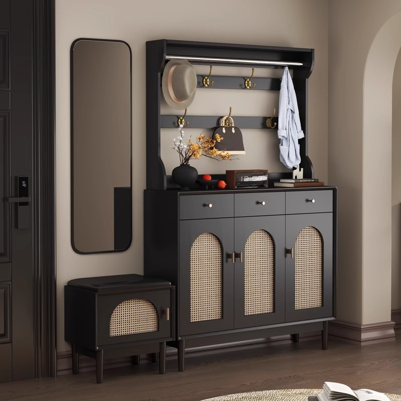 Medieval Rattan Shoe Cabinet Indoor Solid Wood Home Entrance Entrance Cabinet Integrated Retro Storage Cabinet New Hot Style