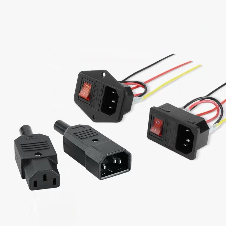 10a带线三合一品字插座AC电源插座带双保险丝红色开关公插座竖式