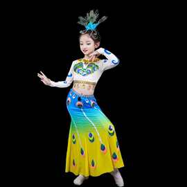 傣族儿童舞蹈演出服修身鱼尾渐变女童孔雀舞表演服装云南民族长袖