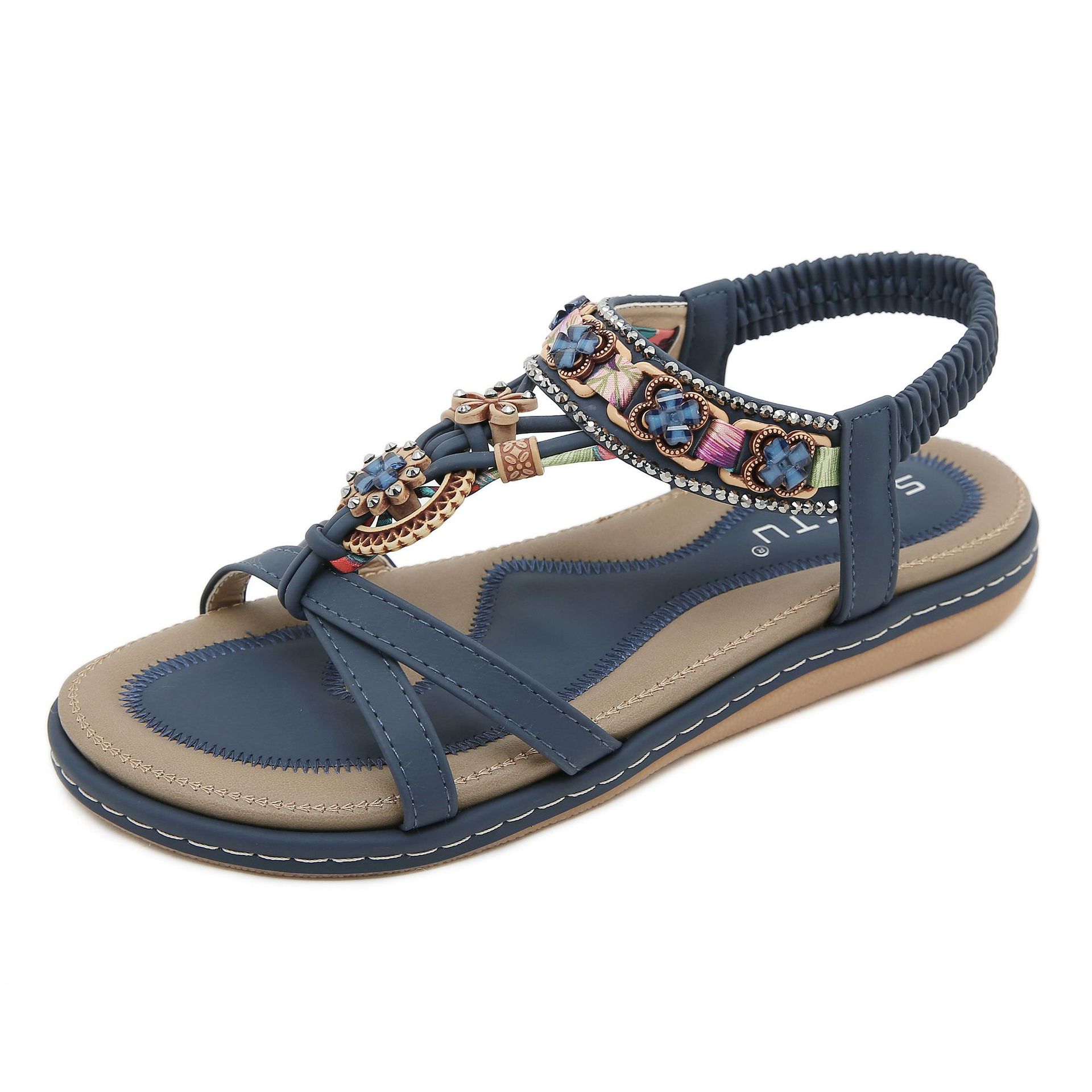W676-1 nuevo 2024 transfronteriza rhinestone flor casual moda todo partido Sandalias planas de las mujeres Tailandia playa