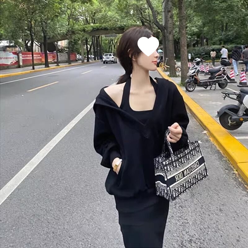 大码休闲套装上衣+挂脖连衣裙两件套女秋季胖mm巨显瘦卫衣裙套装|undefined
