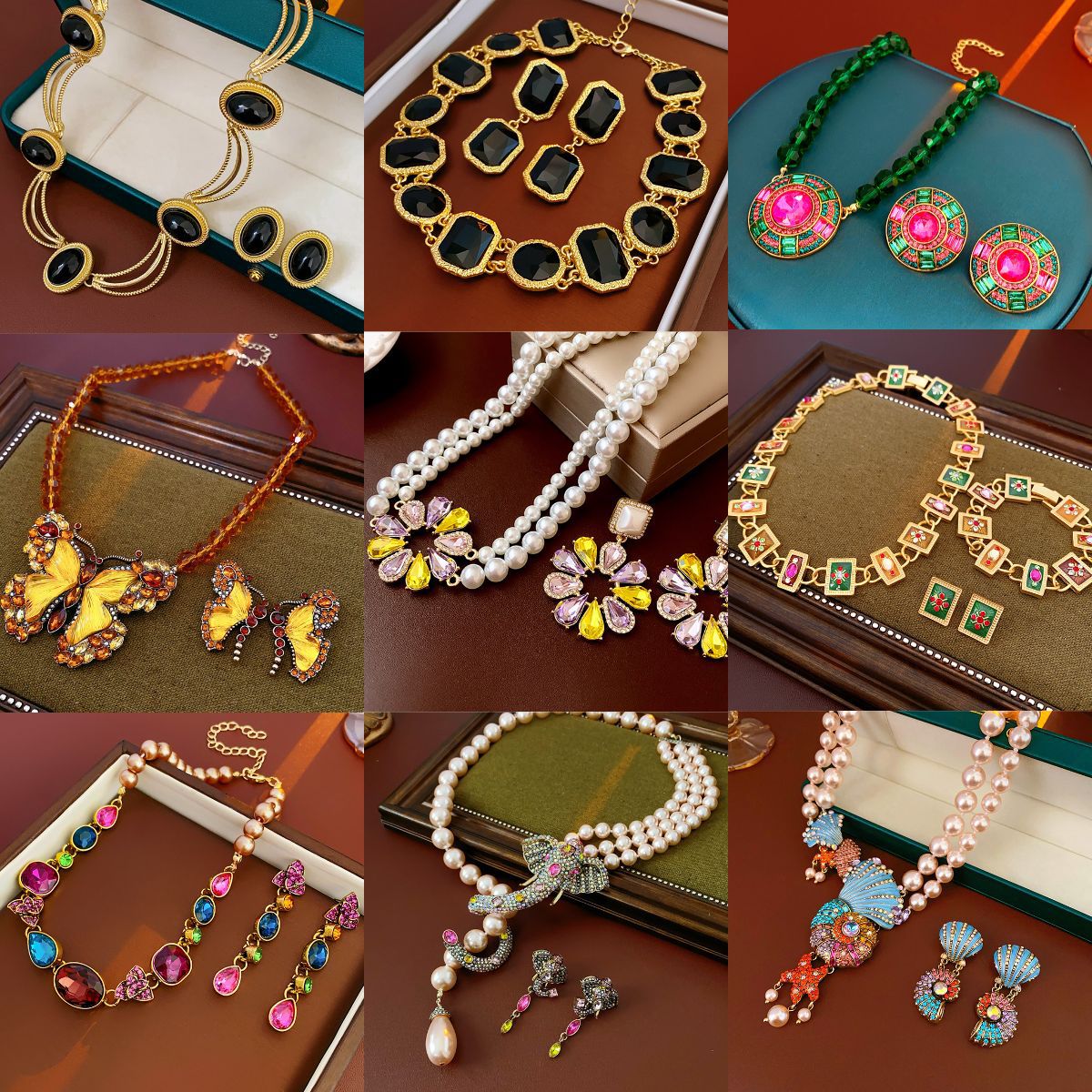 老虎头镶钻圆形项链轻奢小众气质锁骨链中古vintage复古饰品套装