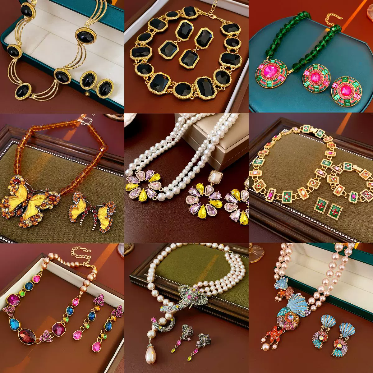 老虎头镶钻圆形项链轻奢小众气质锁骨链中古vintage复古饰品套装