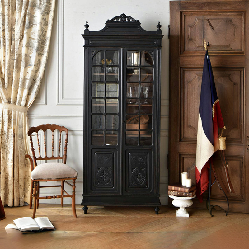 French Retro Solid Wood Bookcase, Living Room, Old Sideboard, American Country Arched Display Wine Cabinet, Carved Storage Cabinet