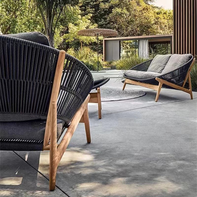 Conjunto de sofá de ratán para patio exterior, sillón individual de ocio para balcón de villa, muebles de teca de diseño para jardín exterior image 5