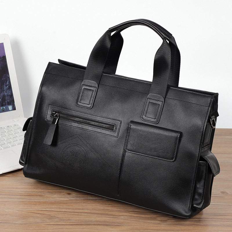 Túi xách tay nam da bò thật dung tích lớn 40×13×29 cm, đựng tài liệu và laptop 15,6 inch — Dây kéo dọc da bò màu đen, Dây kéo ngang da bò màu đen, Da cừu lớp đầu màu đen