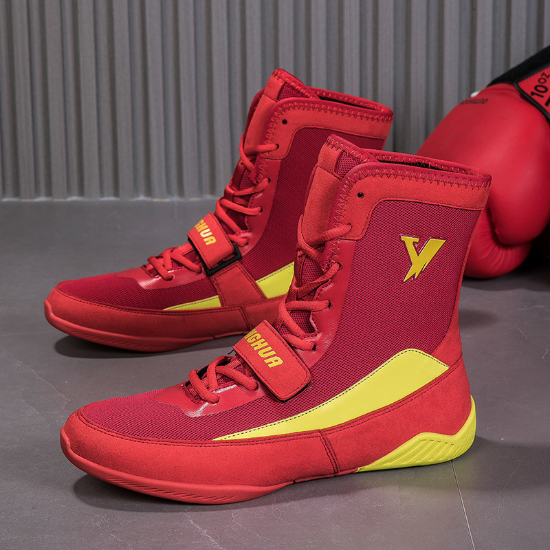 Fábrica directa de zapatos de lucha libre, zapatos de boxeo de entrenamiento de interiores, zapatos de boxeo de alto tamaño transfronterizos